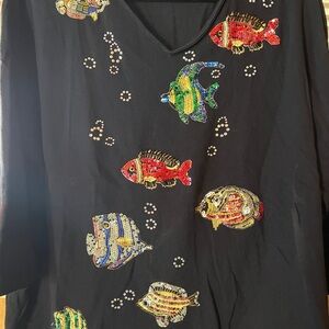 Quack Factory Colorful Fish Embellished Black Top
